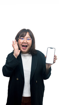 Smiling Asian Business Woman Holding Smartphone with Blank Screen and Pointing to Mobile Technology Concept