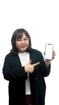 Smiling Asian Business Woman Holding Smartphone with Blank Screen and Pointing to Mobile Technology Concept