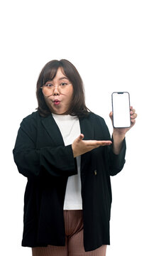 Smiling Asian Business Woman Holding Smartphone with Blank Screen and Pointing to Mobile Technology Concept