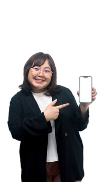 Smiling Asian Business Woman Holding Smartphone with Blank Screen and Pointing to Mobile Technology Concept
