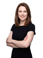 Fototapeta premium Poised brunette woman in black dress with arms crossed