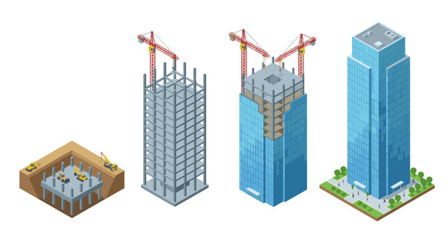Skyscraper construction stages foundation framing facade completed building