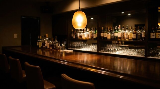 Dimly lit elegant wooden bar counter with assorted liquor bottles and hanging pendant light interior