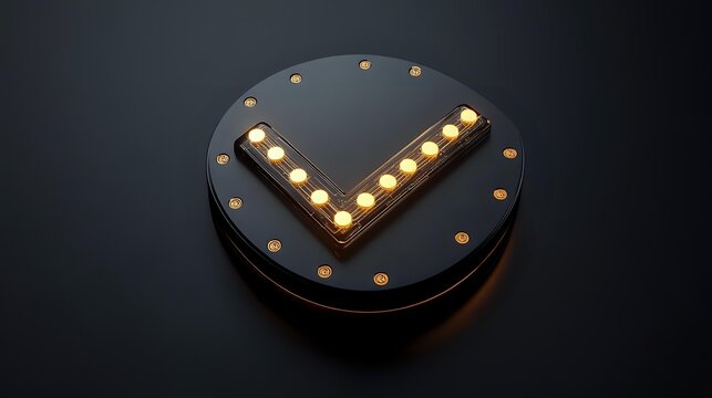 Glowing checkmark symbol with warm LED lights on dark circular background, suitable for approval, success, and validation concepts.
