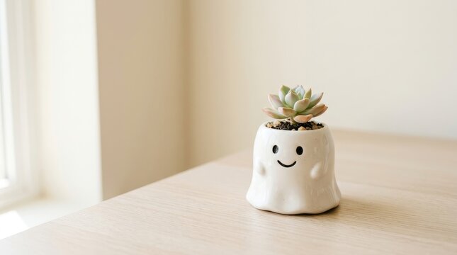 Cute flowerpot in white with beige background 
