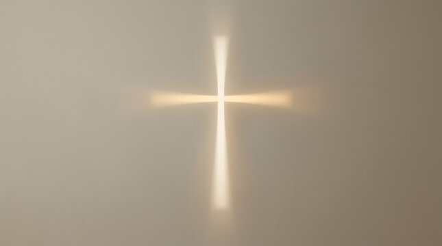 Glowing Christian cross of light shining on a warm bronze textured stone wall background representing faith hope and spirituality