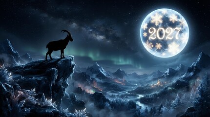 Naklejka premium Silhouette of a goat standing on a rocky cliff against a starry night sky with glowing moon displaying 2027, aurora borealis, and snow-covered mountains in background.