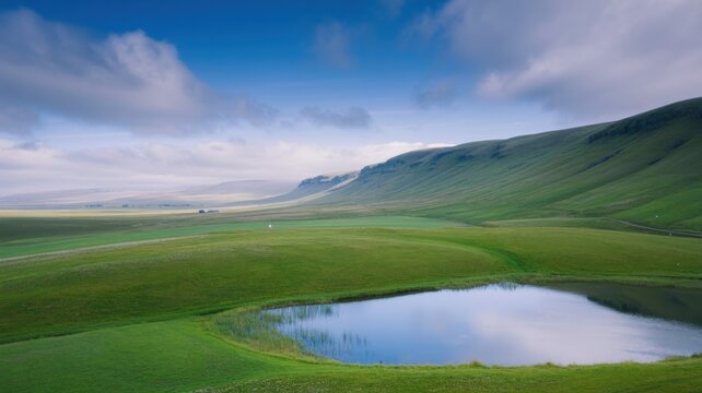Serene Green Valley Landscape with Mirror Lake and Rolling Hills Under Blue Clouds