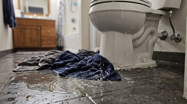 Flooded bathroom with water leaking from toilet onto floor tiles