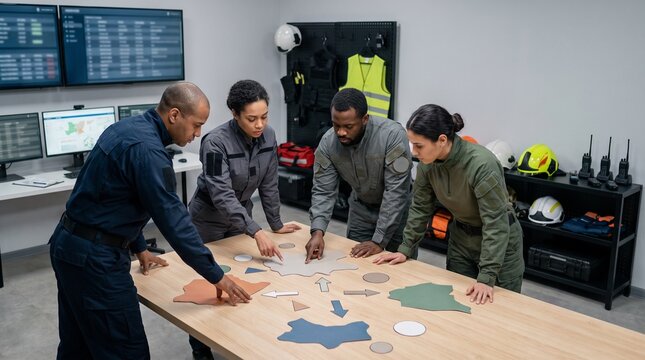 Diverse team strategizing around a table with a map and planning tools