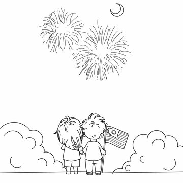Two Children Watching Fireworks with Malaysian Flag Hand Drawn Outline