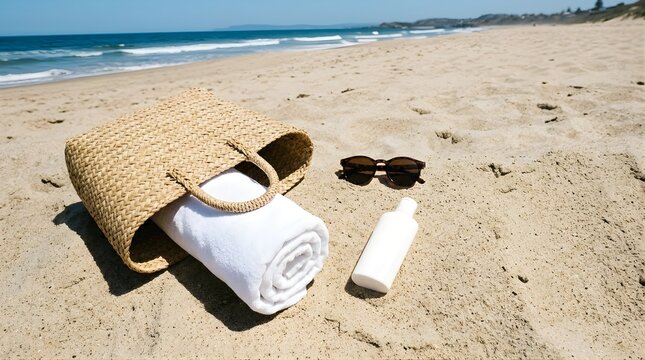 Woven beach bag with towel, sunglasses, and sunscreen on sandy shore