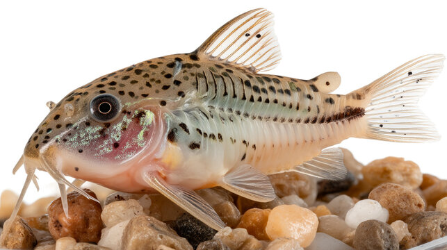 Spotted corydoras catfish resting on gravel substrate in aquarium with corydoras
