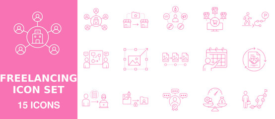 Obraz premium Set of fifteen pink thin line freelancing featuring network, folder, store, calendar, handshake, and goal achievement path symbols