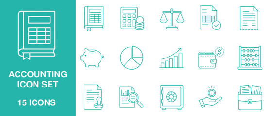 Fototapeta premium Comprehensive set of fifteen linear accounting and finance featuring calculators, piggy banks, scales, charts, and secure storage vaults
