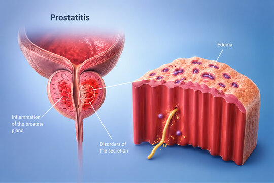 AI generated medical illustration of prostatitis showing inflamed prostate gland edema tissue swelling secretion disorder bladder urethra detailed anatomy
