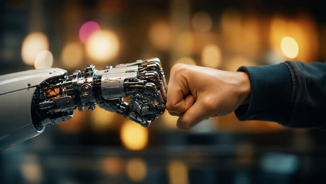 AI generated human robot fist bump detailed metallic hand warm bokeh background representing teamwork trust collaboration robotics future technology