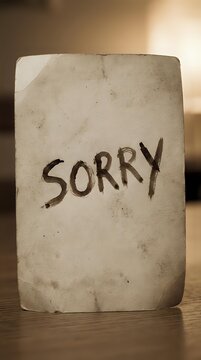 Weathered stone tablet with sorry text written in dark ink, conveying apology and regret message for reconciliation, forgiveness and emotional communication concepts.