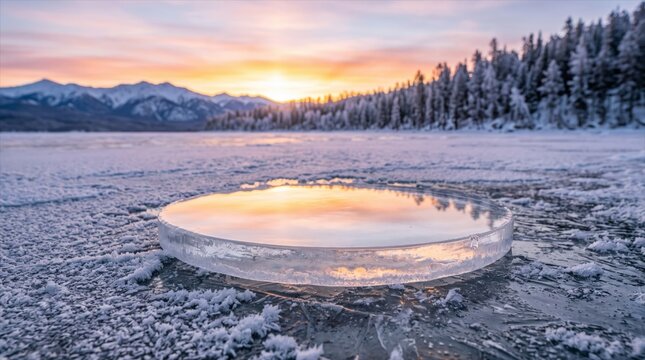 Camera lens on frozen lake reflecting sunrise for World Photography Day concept