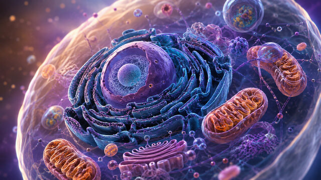 AI generated eukaryotic cell structure showing nucleus mitochondria endoplasmic reticulum Golgi apparatus organelles for cellular biology medical science education