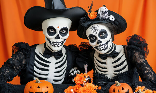 Couple dressed as skeletons with spooky makeup and hats celebrating Halloween with orange pumpkins representing Day of the Dead festival, creepy holiday party, and romantic macabre costume.