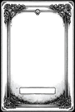 Minimalist tarot card frame with bold hand-drawn black ink lines, clean straight edges, plain rectangular top and bottom banners, empty white center, traditional card border style