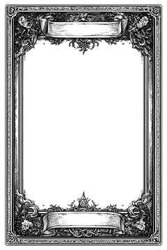 Minimalist tarot card frame with bold hand-drawn black ink lines, clean straight edges, plain rectangular top and bottom banners, empty white center, traditional card border style