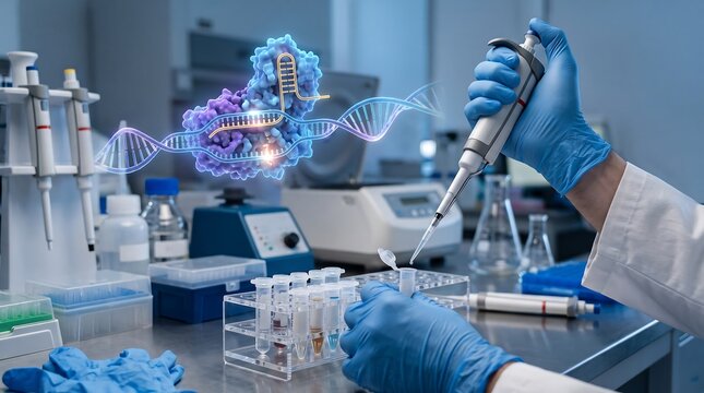 CRISPR Gene Editing Concept - Biotechnology researcher working with advanced laboratory equipment and a conceptual DNA visualization, representing CRISPR gene editing and genetic engineering.
