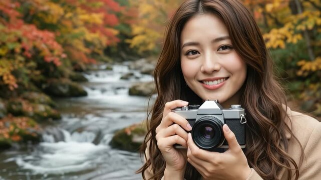 色づく秋の渓流をバックに古いカメラを手に微笑む女性