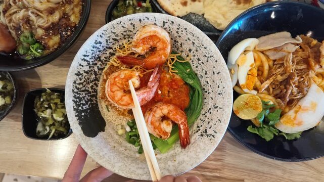 Burmese Shan Noodles with Prawns and Chopsticks in Bangkok