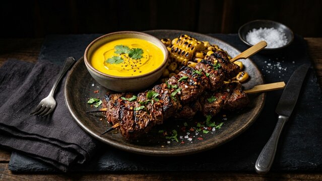 Grilled beef skewers with corn and yellow sauce on a dark rustic plate