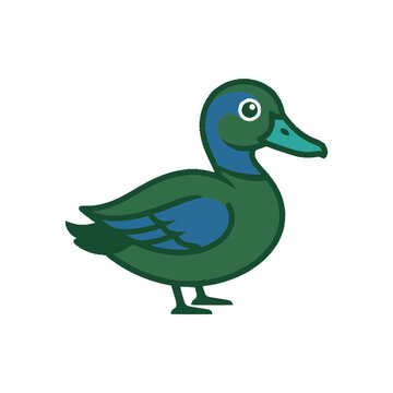 Cute cartoon duck illustration, green and blue colors, isolated on white background