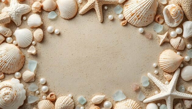 Seashells and Starfish Frame on Sandy Beach Background, Coastal Summer Border with Ocean Shells, Tropical Vacation Travel Card and Natural Marine Decoration Texture