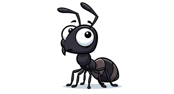 Cartoon Ant with Big Eyes: A whimsical cartoon ant with exaggeratedly large, expressive eyes and a slightly puzzled expression stands ready for adventure, its antennae twitching with curiosity.