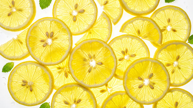 Fresh vibrant lemon slices pattern with green mint leaves background