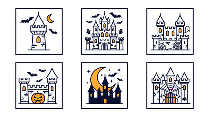 Fototapeta premium Halloween Haunted Castle and Tower Flat Outline Icon Set