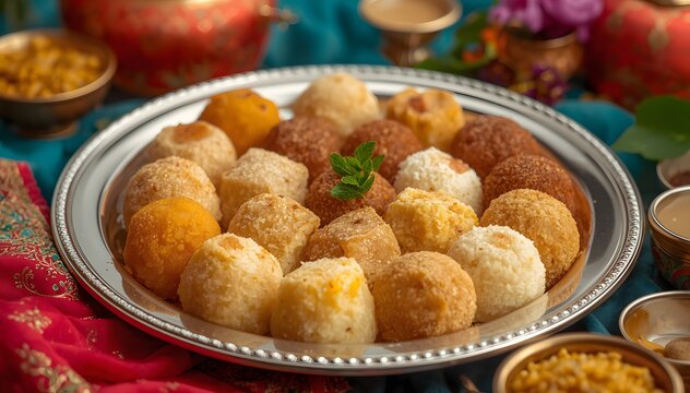 Golden laddoos in ornate brass diya with marigold petals for Diwali festival celebration