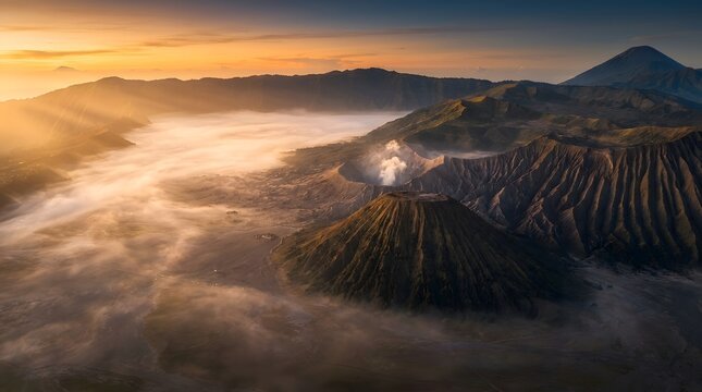 Aerial View of Volcanic Mountain Landscape Above the Clouds