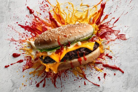 Juicy cheeseburger exploding with ketchup and mustard on textured background