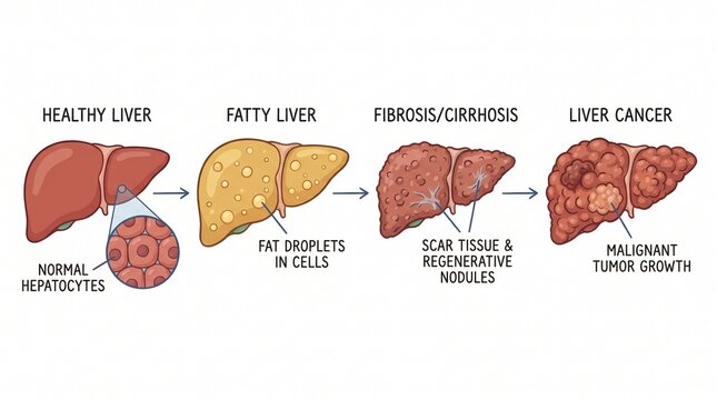 Liver Disease Progression: Healthy to Fatty Liver, Cirrhosis, and Cancer Stages