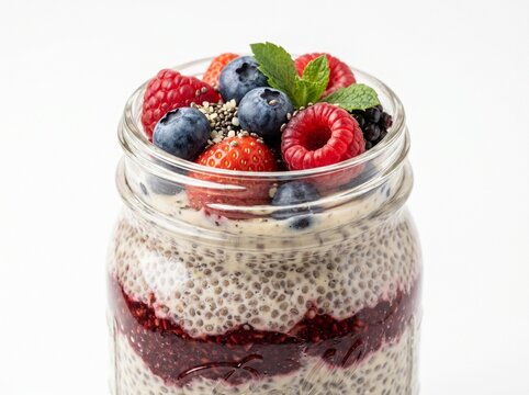 Healthy chia seed pudding layered with berry compote and fresh summer berries