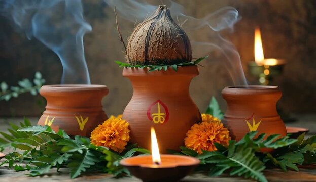 Shitala Mata Puja background with earthen pots and neem leaves for Hindu devotional worship