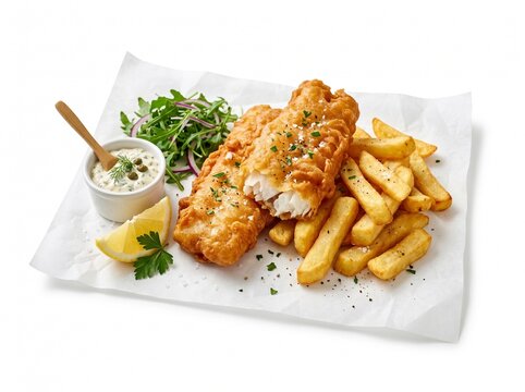 Crispy battered fried fish fillet served with thick cut golden chips and tartar sauce garnish