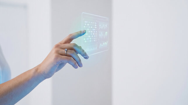 Business executive interacting with an advanced holographic interface for seamless AI orchestration and digital data management