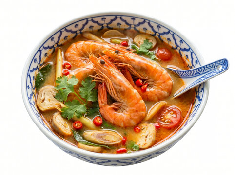 Spicy Tom Yum Goong soup with large tiger prawns served in a decorative patterned ceramic bowl