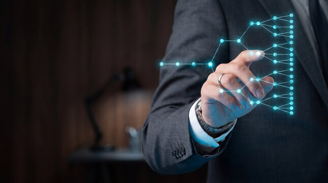 Businessman interacting with digital decision tree interface depicting advanced AI orchestration and complex workflow diagram in office