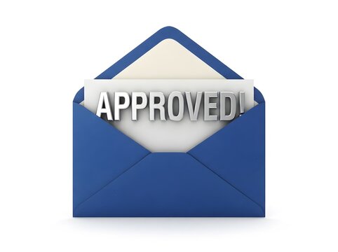 Blue envelope with a scroll displaying the word approved isolated on a white background