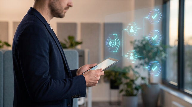 Businessman using digital tablet for smart AI orchestration and managing holographic team workflow automation in a modern office