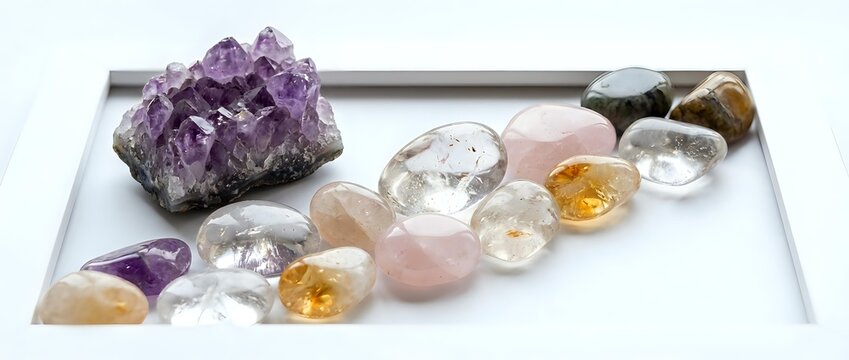 Amethyst cluster and polished gemstones arranged on white surface, including rose quartz and citrine crystals for mineral collection and wellness practices.