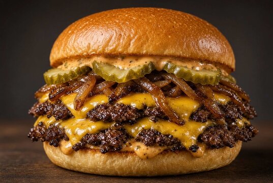 Double Cheeseburger with Caramelized Onions, Pickles, and Creamy Sauce on Brioche